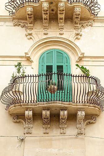 Noto, Sicily. Charming old window and terrace on a home. Art Print